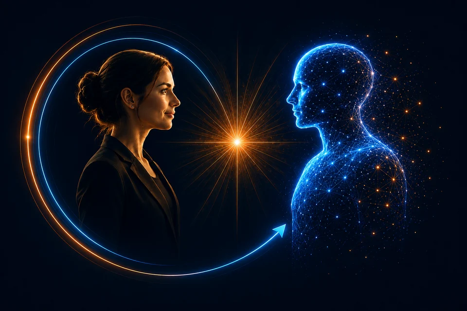 A person faces a digitally rendered figure, with connected arcs suggesting the development of future capability.