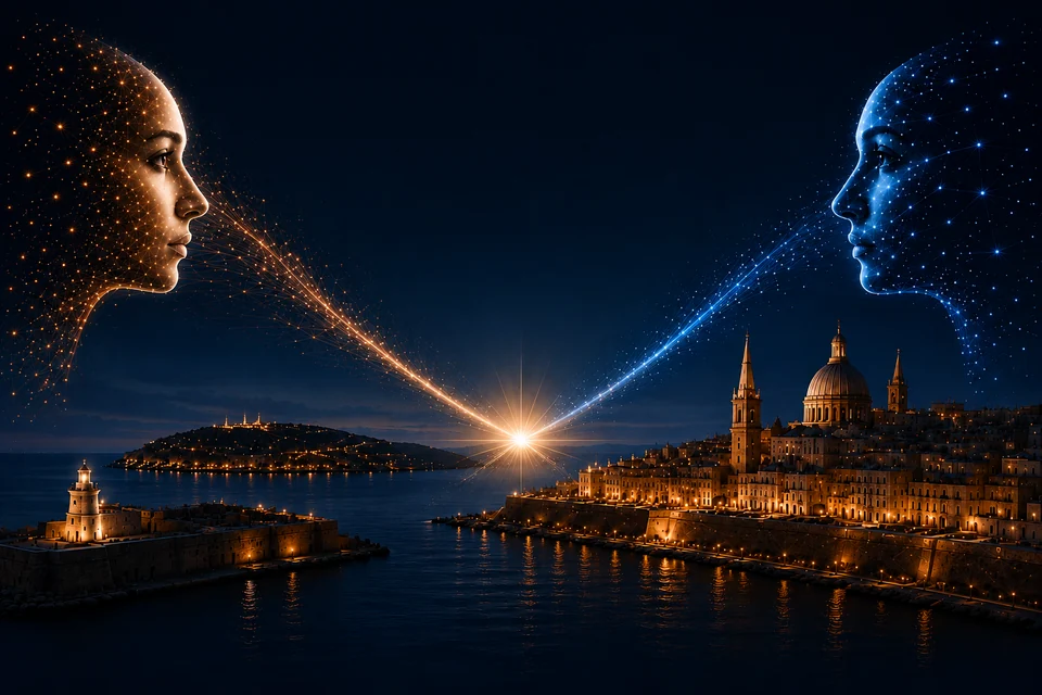 Gold and blue networked profiles converge in light above a stylised Maltese harbour and skyline.