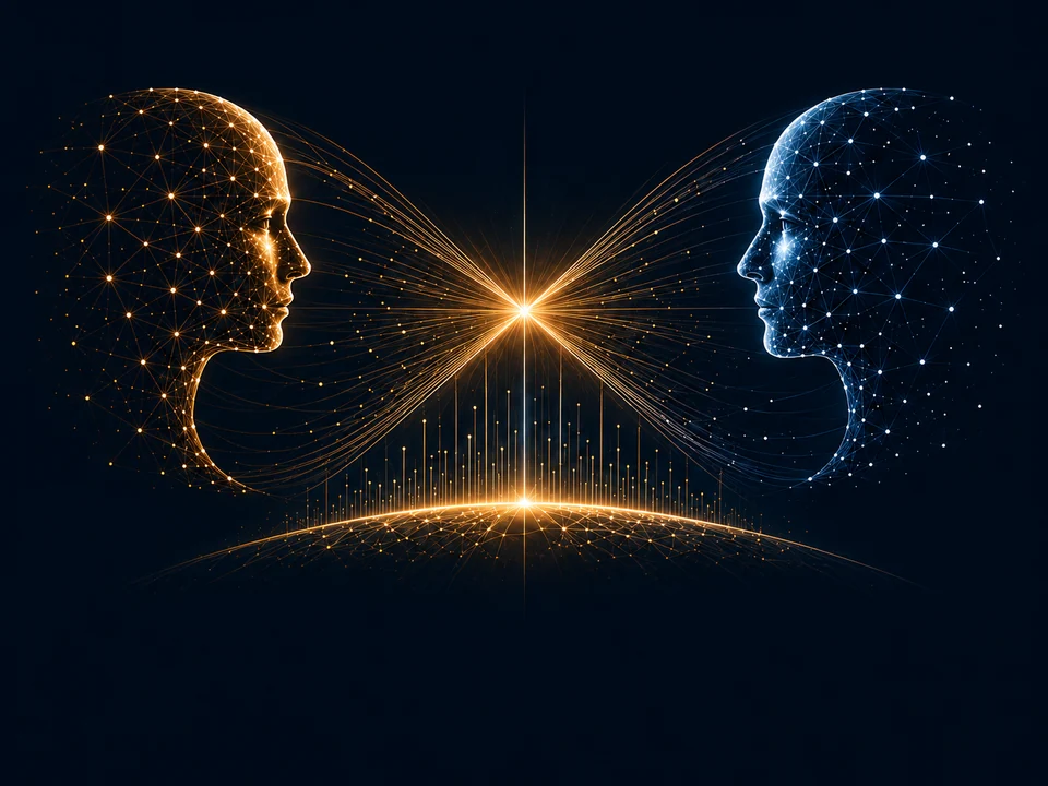 Gold and blue networked profiles connected through a shared point of light.